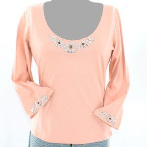 Intuitions Blush-Colored Bejeweled Knit Top M